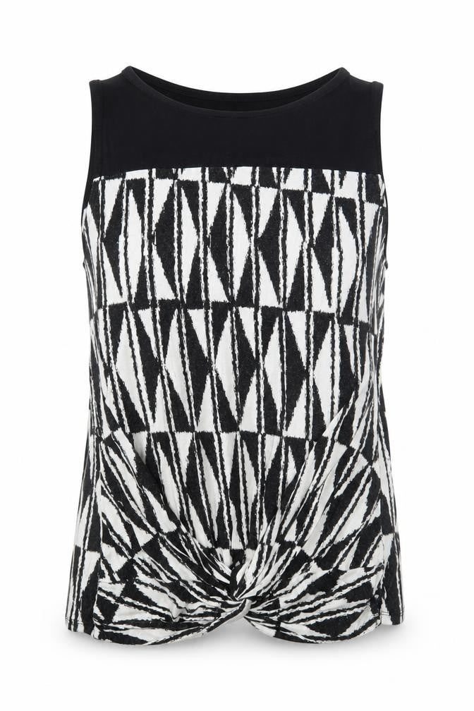 BHS Womens Black Geometric Viscose Basic Tank Size 14 Round Neck - Twist Detail
