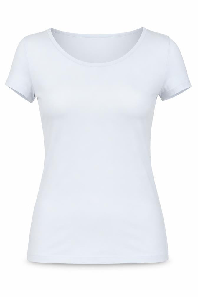 Front view of Savida women’s blue polyamide basic t-shirt, size UK 6, round neck