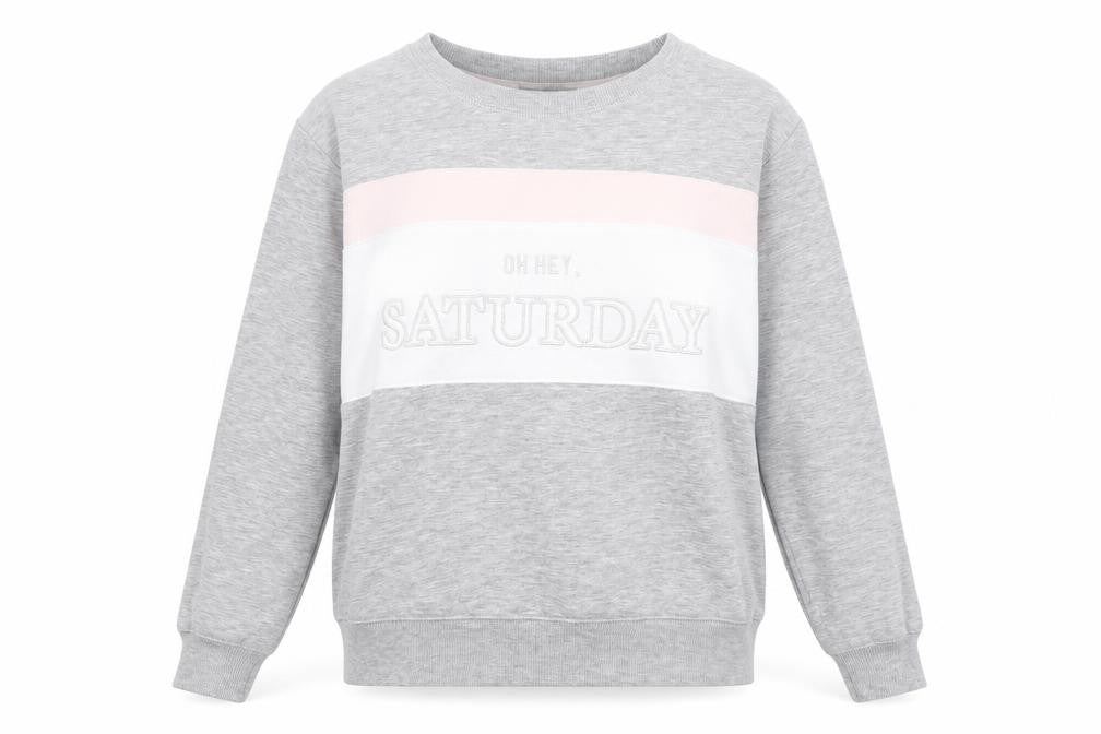 Front view of New Look women’s grey colourblock polyester pullover sweatshirt, size UK 12, pullover - oh hey saturday