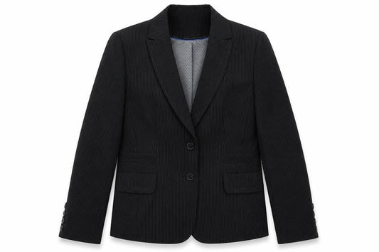 Front view of Autonomy women’s black striped polyacrylate fibre jacket suit jacket, size UK 14