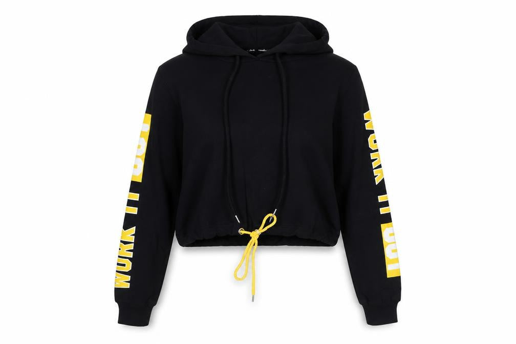 Front view of Select women’s black cotton pullover hoodie, size UK 6, pullover - work it out