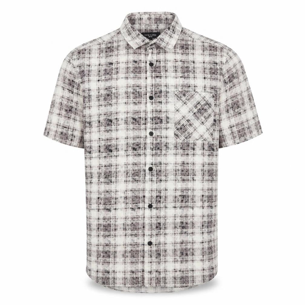 Front view of New Look men’s multicoloured plaid cotton button-up, size L, collared button