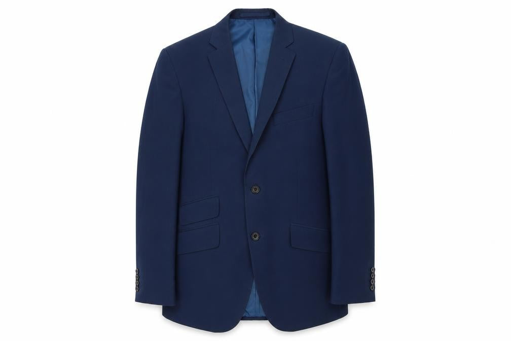 Front view of Marks & Spencer men’s blue polyester jacket suit jacket, size 38, regular
