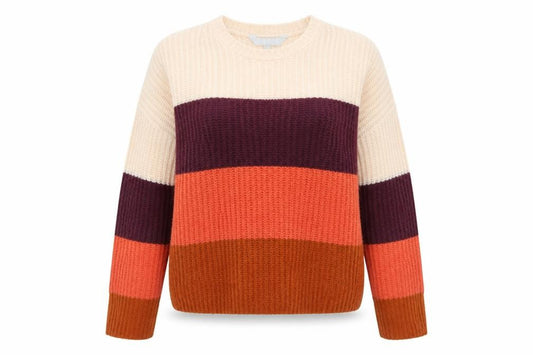 Front view of Debenhams women’s multicoloured round neck striped acrylic jumper, size UK 12