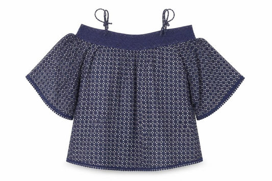 Front view of Next women’s blue geometric polyester basic blouse, size UK 10, boat neck