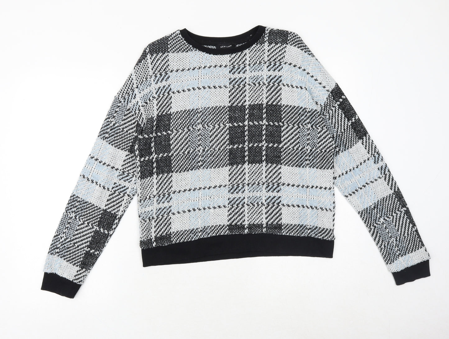 New Look Womens Black Round Neck Check Acrylic Pullover Jumper Size M Pullover