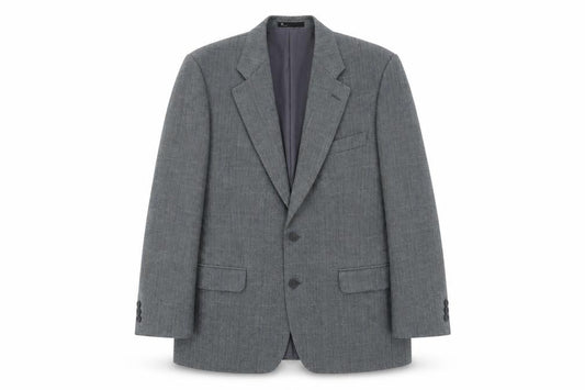 Front view of BHS men’s blue herringbone polyester jacket suit jacket, size 42, regular