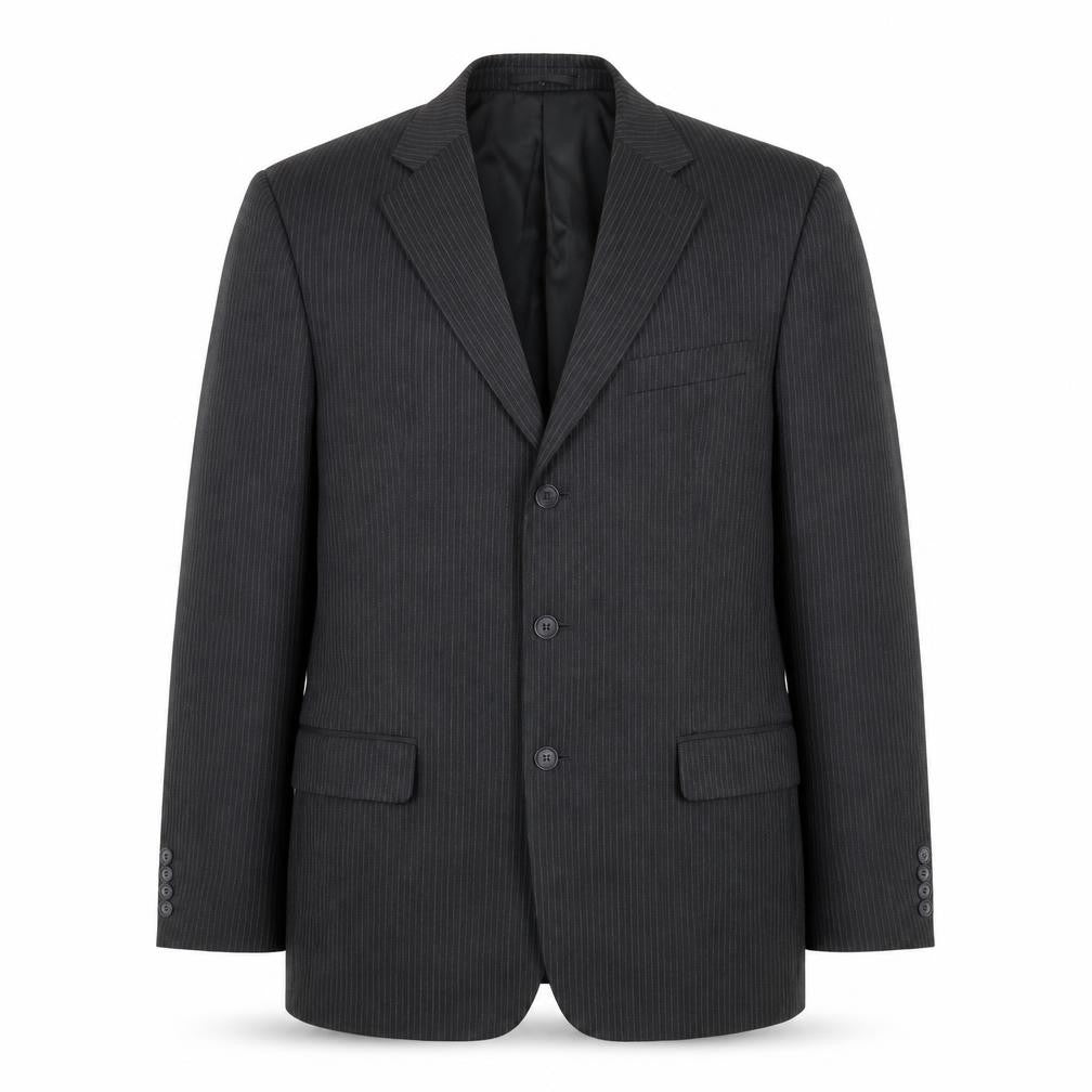 Front view of Woolworths men’s grey striped polyester jacket suit jacket, size 42, regular