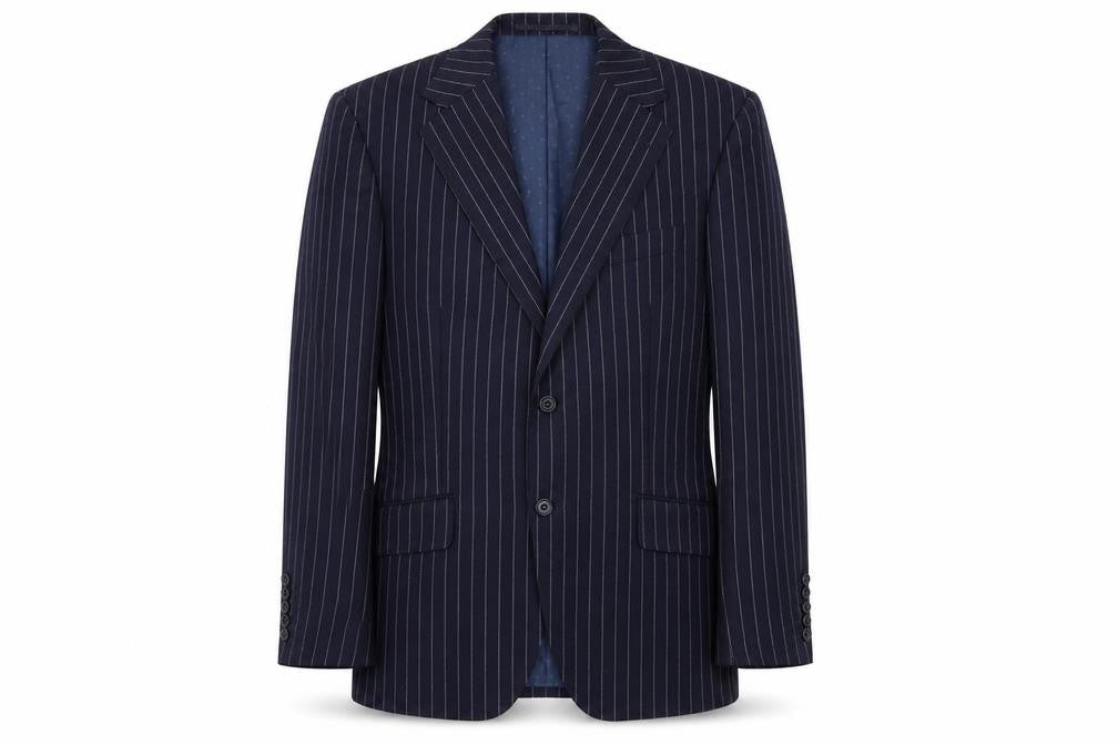 Front view of Marks & Spencer men’s blue striped wool jacket suit jacket, size 40, regular - 5 button sleeve