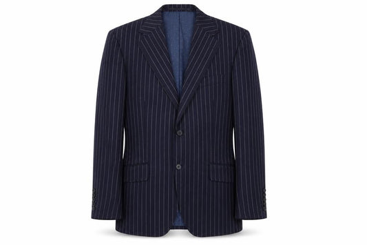 Front view of Marks & Spencer men’s blue striped wool jacket suit jacket, size 40, regular - 5 button sleeve