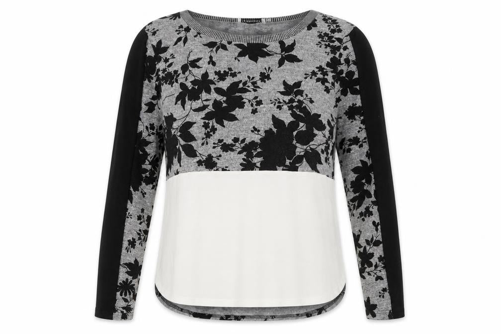 Front view of Paraphrase women’s black floral polyester basic t-shirt, size UK 10, round neck