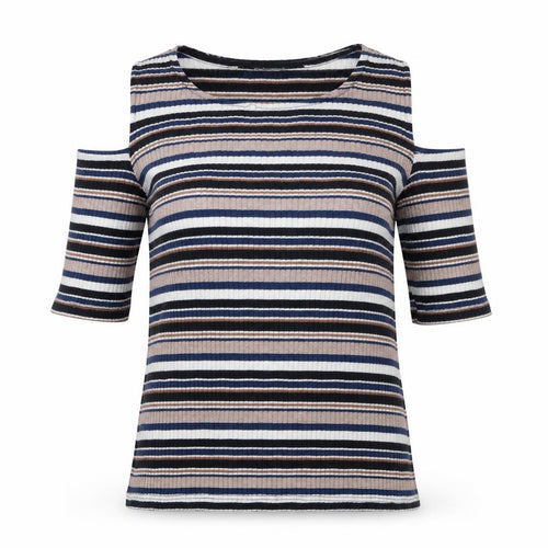 Dorothy Perkins Womens Multicoloured Striped Polyester Basic T-Shirt Size 8 Round Neck - Cold Shoulder