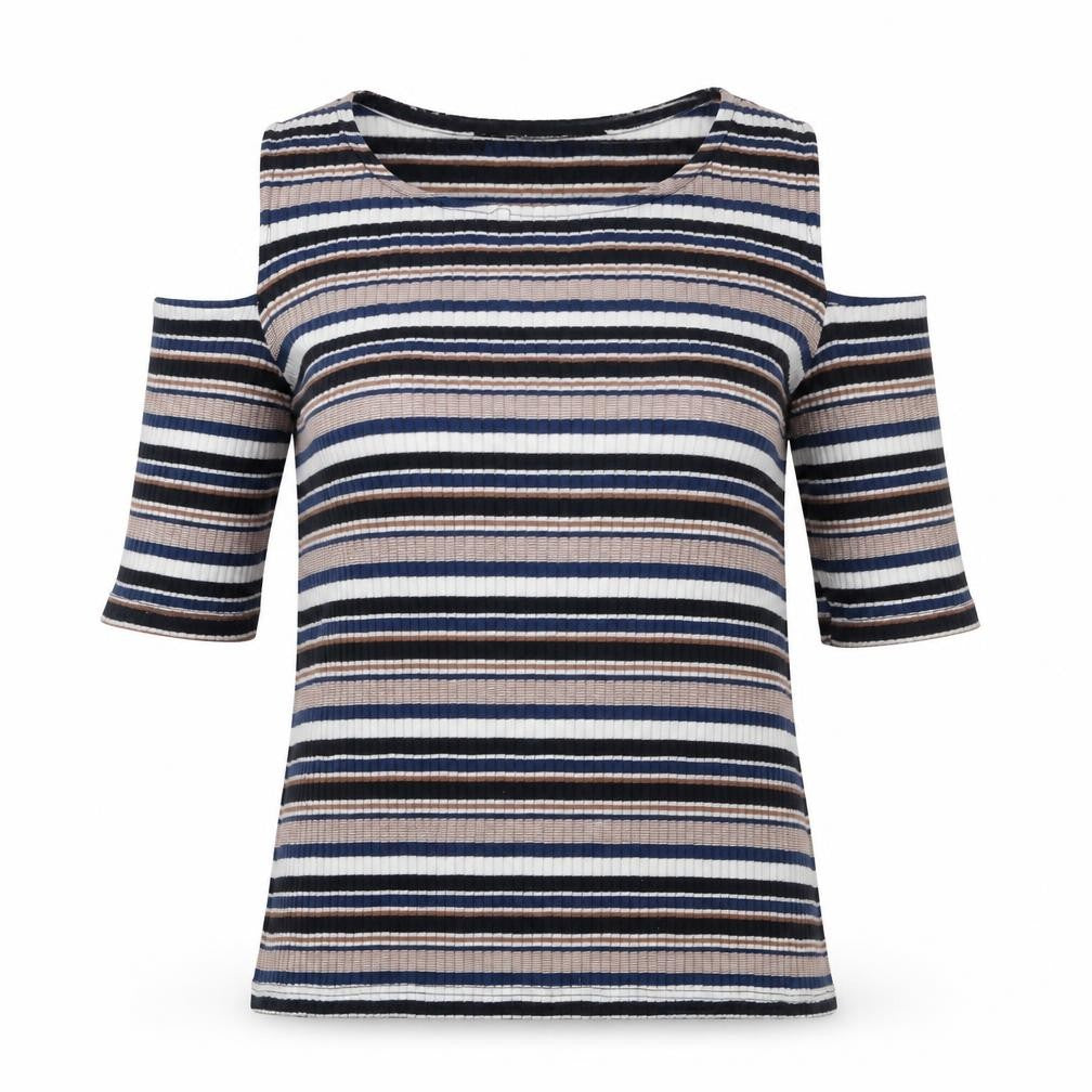 Dorothy Perkins Womens Multicoloured Striped Polyester Basic T-Shirt Size 8 Round Neck - Cold Shoulder