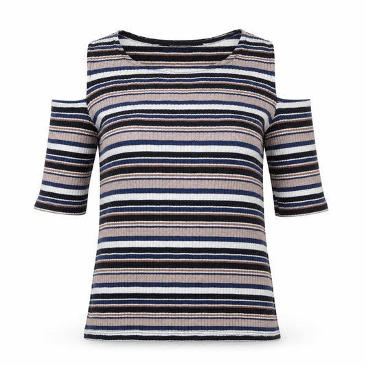 Front view of Dorothy Perkins women’s multicoloured striped polyester basic t-shirt, size UK 8, round neck - cold shoulder