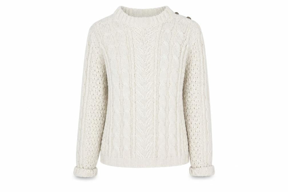Front view of VILA women’s beige round neck acrylic jumper, size M