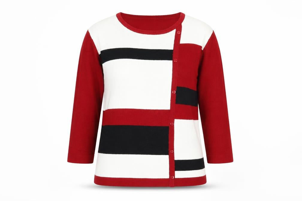 Front view of Paramour women’s red round neck geometric acrylic jumper, size S