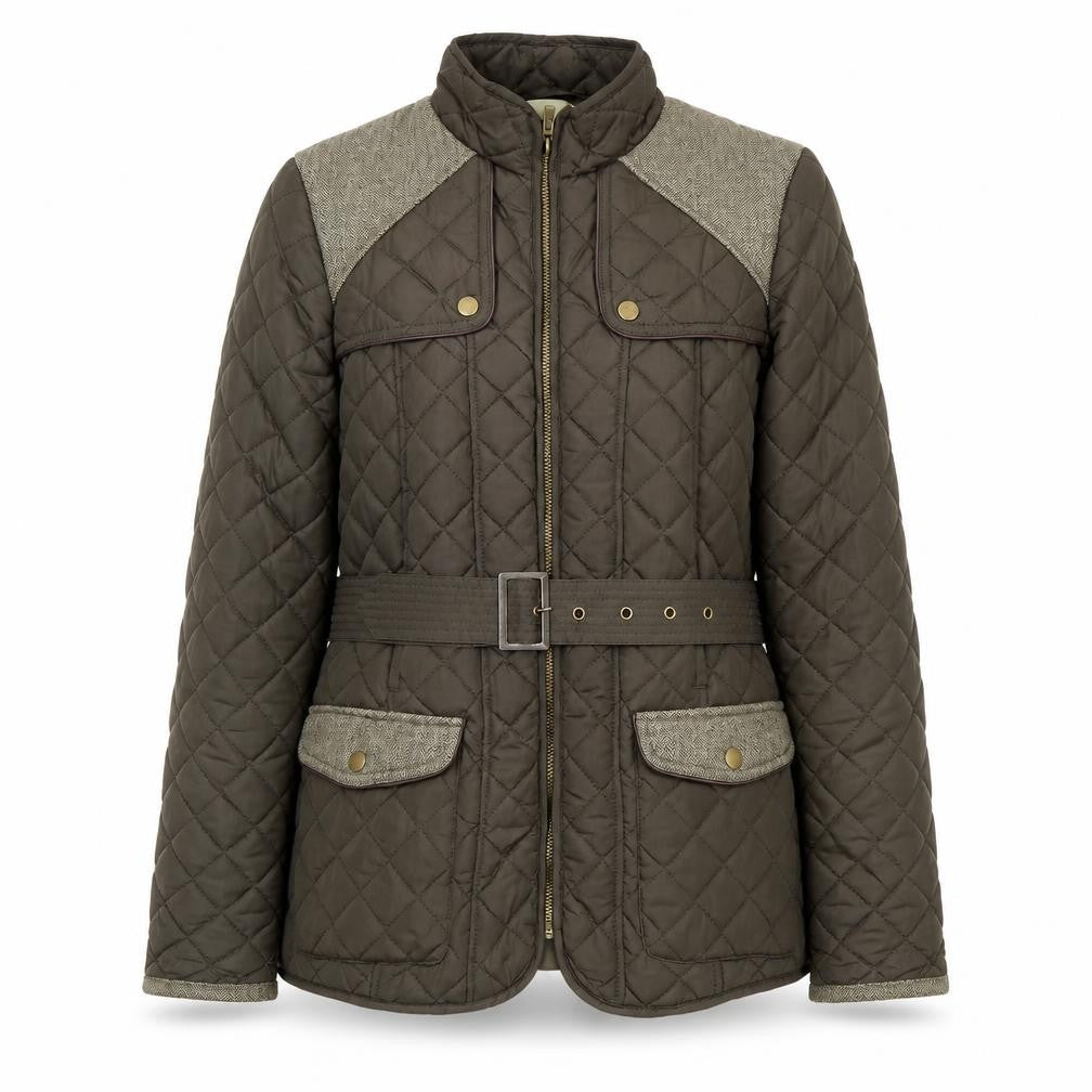 Front view of Red Herring women’s green quilted jacket, size UK 10, zip