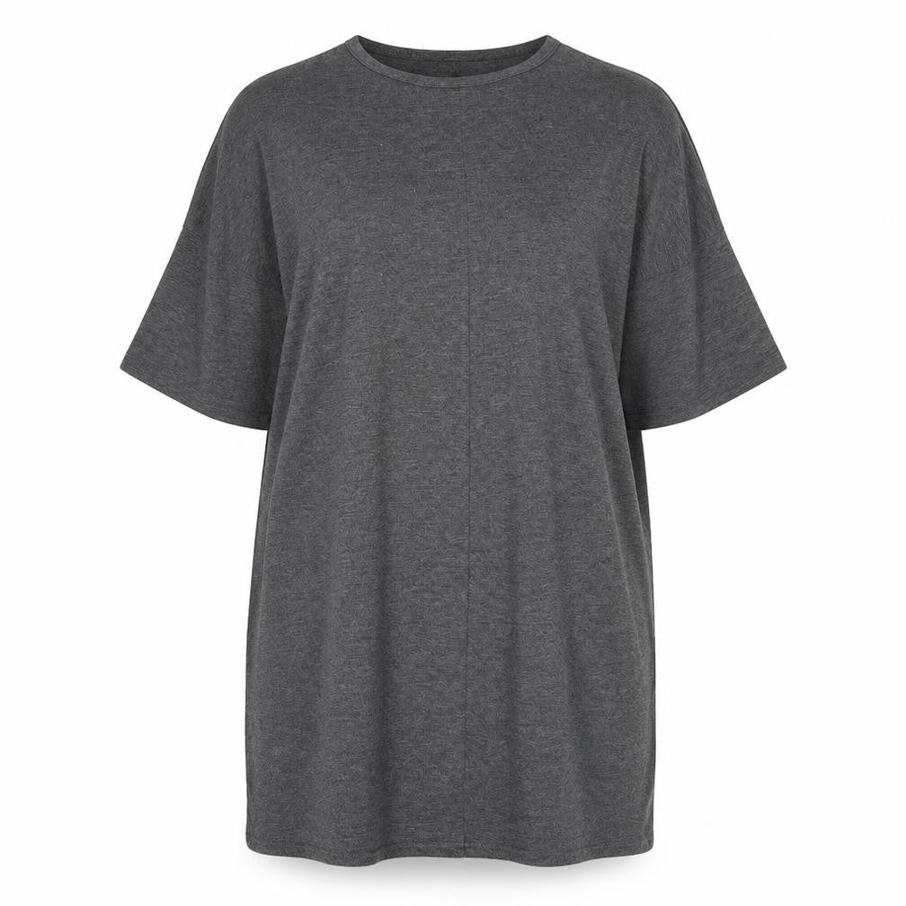 Front view of PRETTYLITTLETHING women’s grey viscose t-shirt dress, size UK 8, round neck pullover