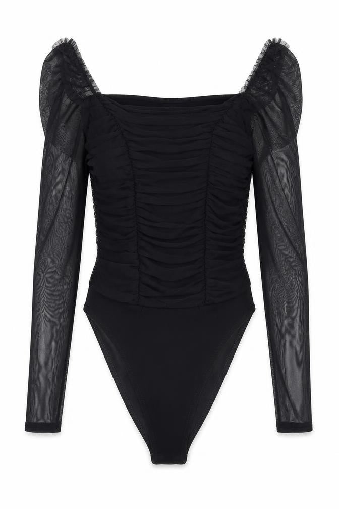 Front view of New Look women’s black polyester bodysuit one-piece, size UK 8, snap - ruched