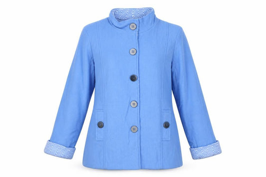 Front view of Anne De women’s blue jacket, size S, button