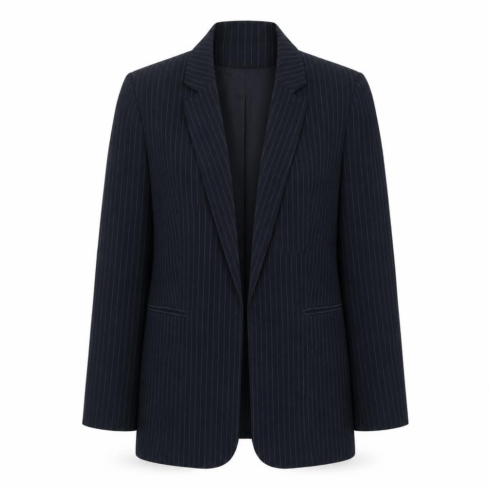 Front view of New Look women’s blue striped polyester jacket suit jacket, size UK 14
