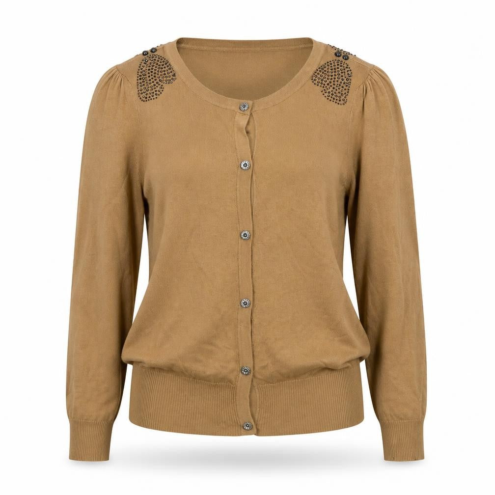 Front view of Max C women’s beige round neck viscose cardigan jumper, size UK 14