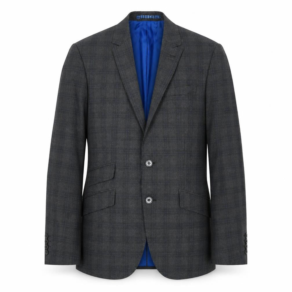 Front view of Marks & Spencer men’s grey plaid polyester jacket suit jacket, size 38, regular