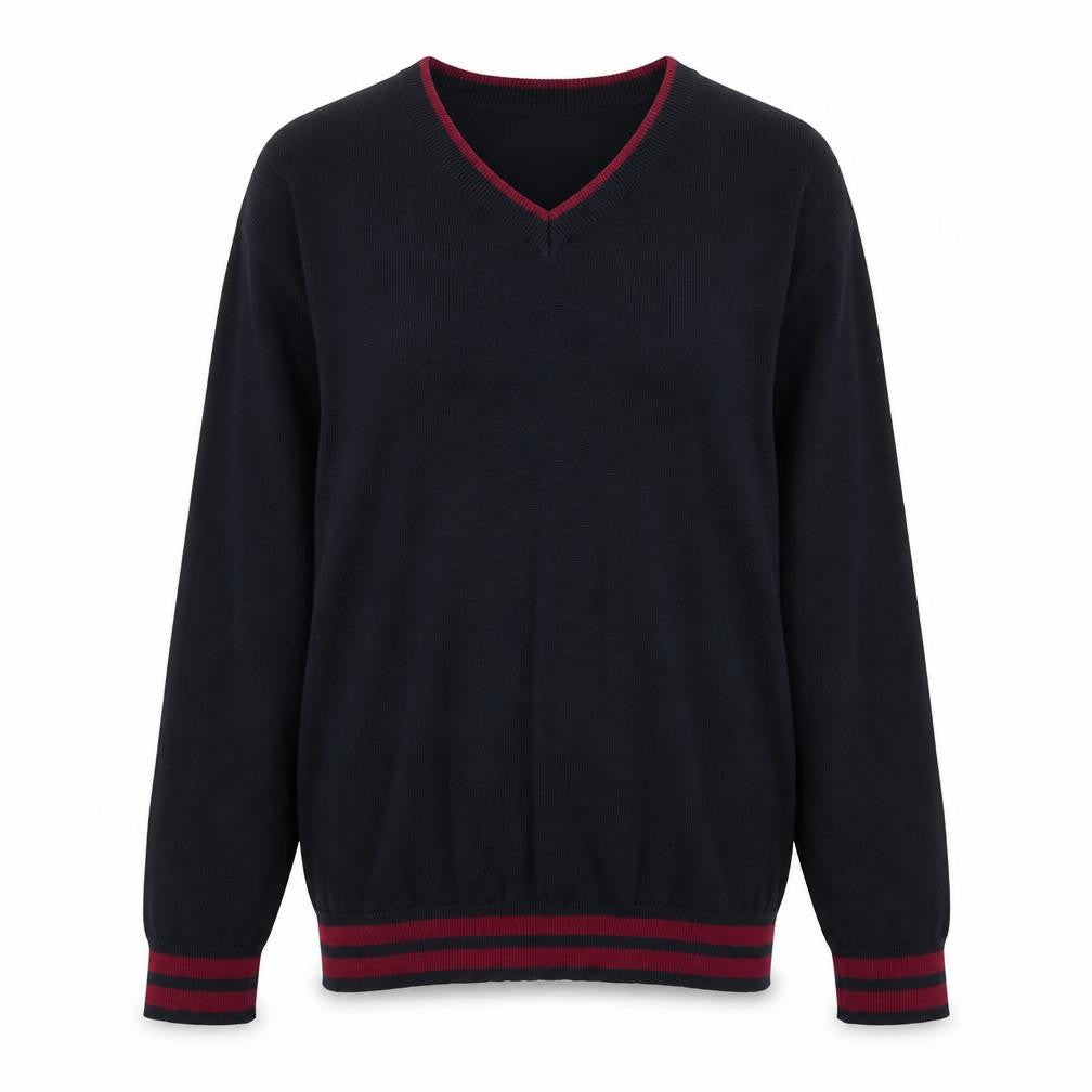 Front view of M&Co women’s blue v-neck cotton jumper, size L
