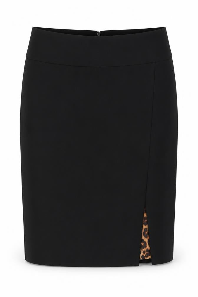 Front view of Express Desgin Studio women’s black polyester a-line skirt, size L, zip - leopard pattern