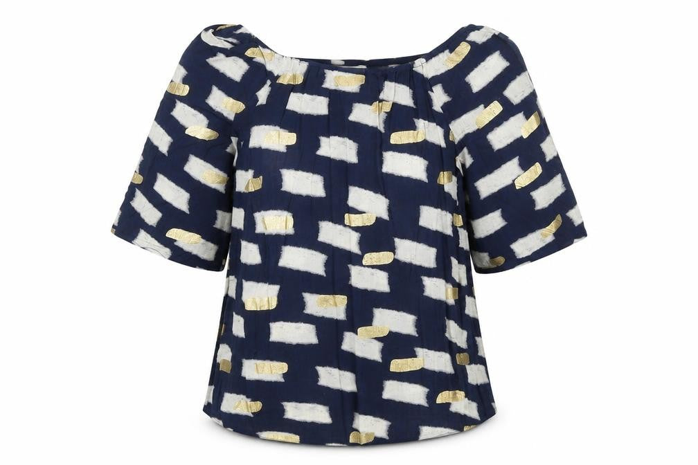 Front view of Monsoon women’s black geometric viscose basic blouse, size S, boat neck