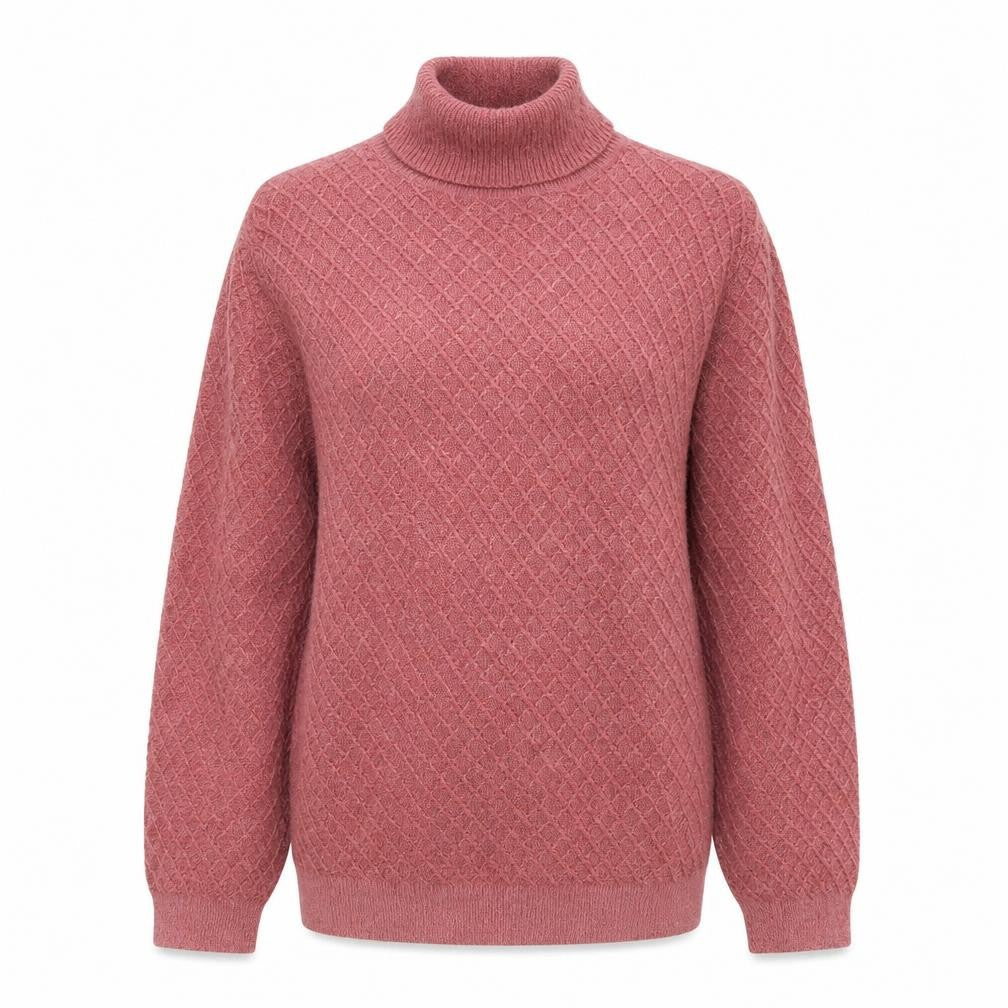 Front view of Bobby Jones women’s pink roll neck acrylic jumper, size M
