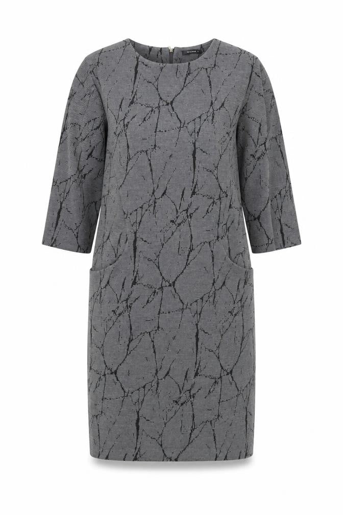 Front view of Roman women’s grey geometric polyester a-line, size UK 12, round neck zip