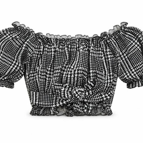 I SAW IT FIRST Womens Black Geometric Polyester Cropped Blouse Size 8 Off the Shoulder