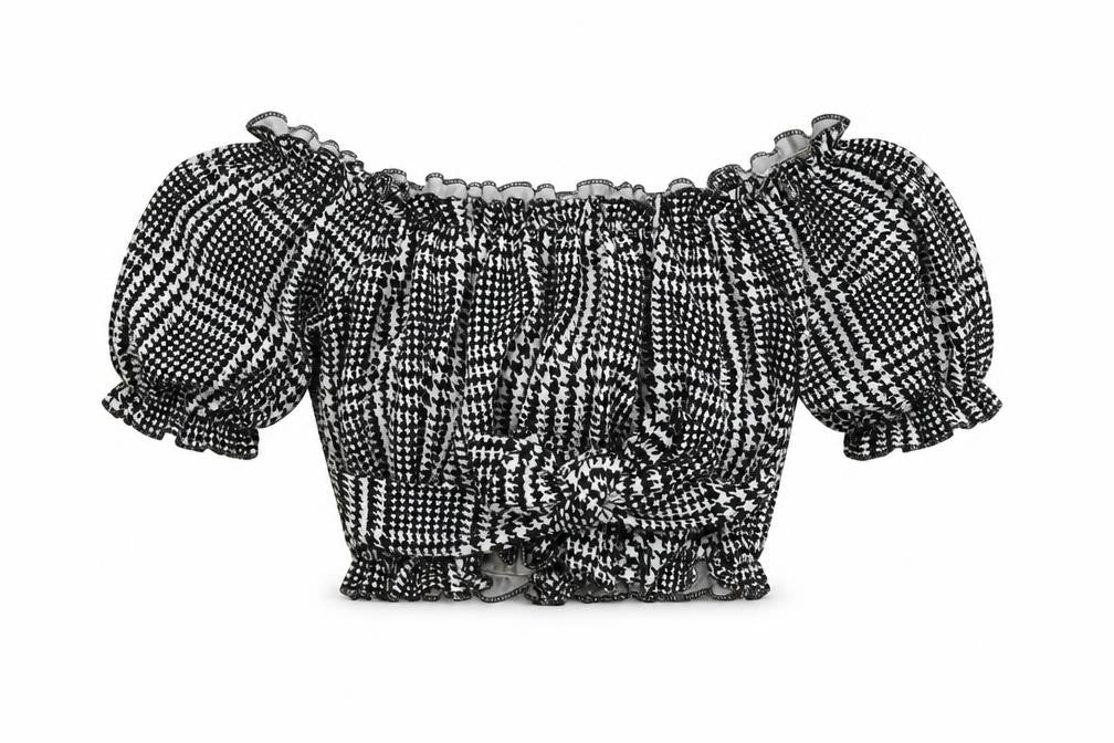 I SAW IT FIRST Womens Black Geometric Polyester Cropped Blouse Size 8 Off the Shoulder