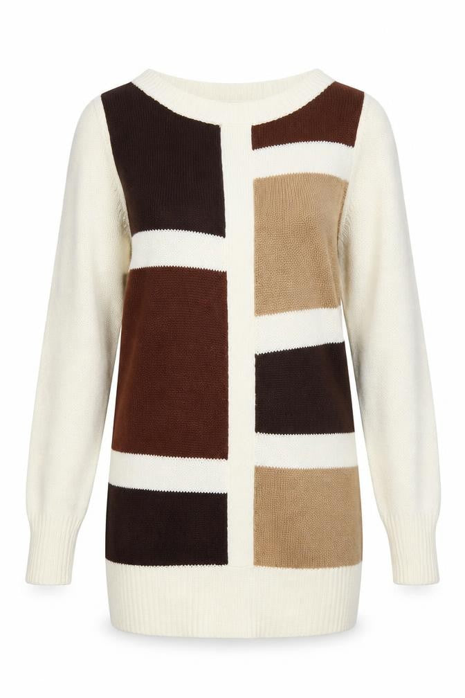 CI SONO Womens Beige Round Neck Geometric Acrylic Pullover Jumper Size M