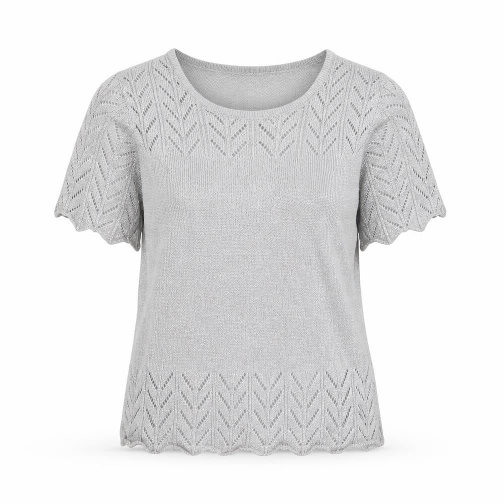 Front view of EWM women’s silver round neck acrylic jumper, size S