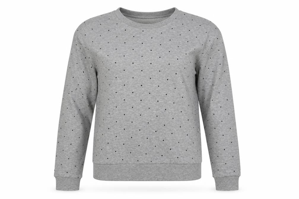 Front view of H&M women’s grey polka dot cotton pullover sweatshirt, size M, pullover