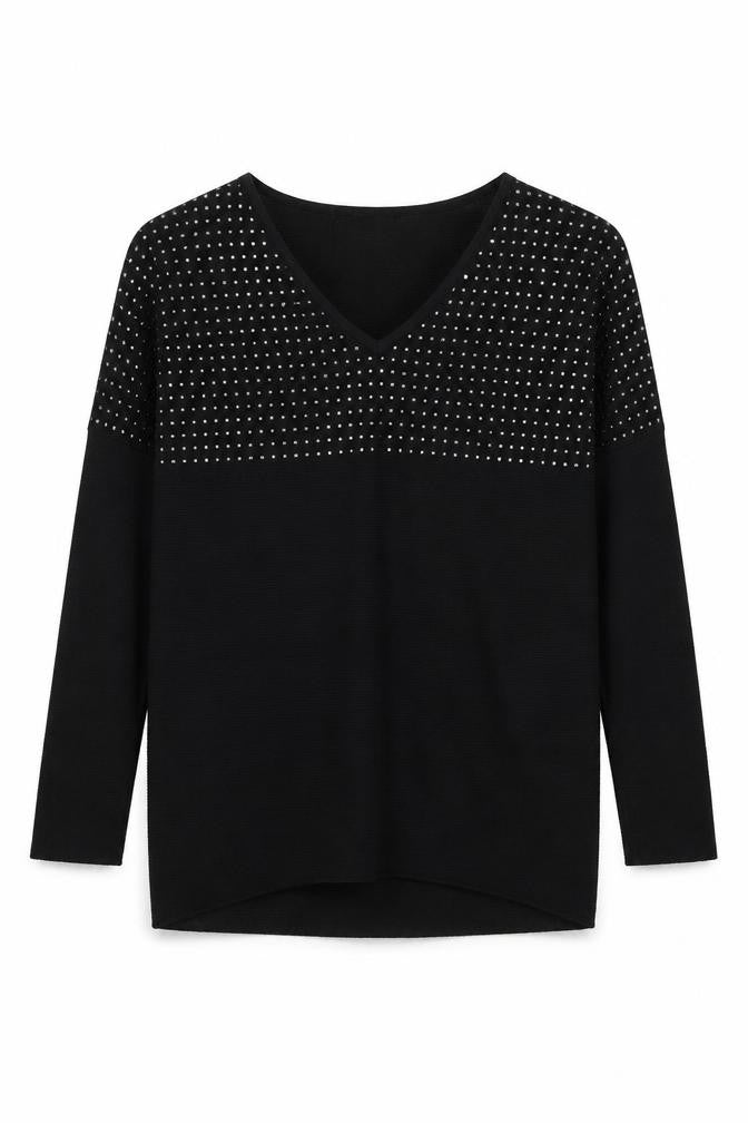 Front view of Quiz women’s black v-neck viscose jumper, size S