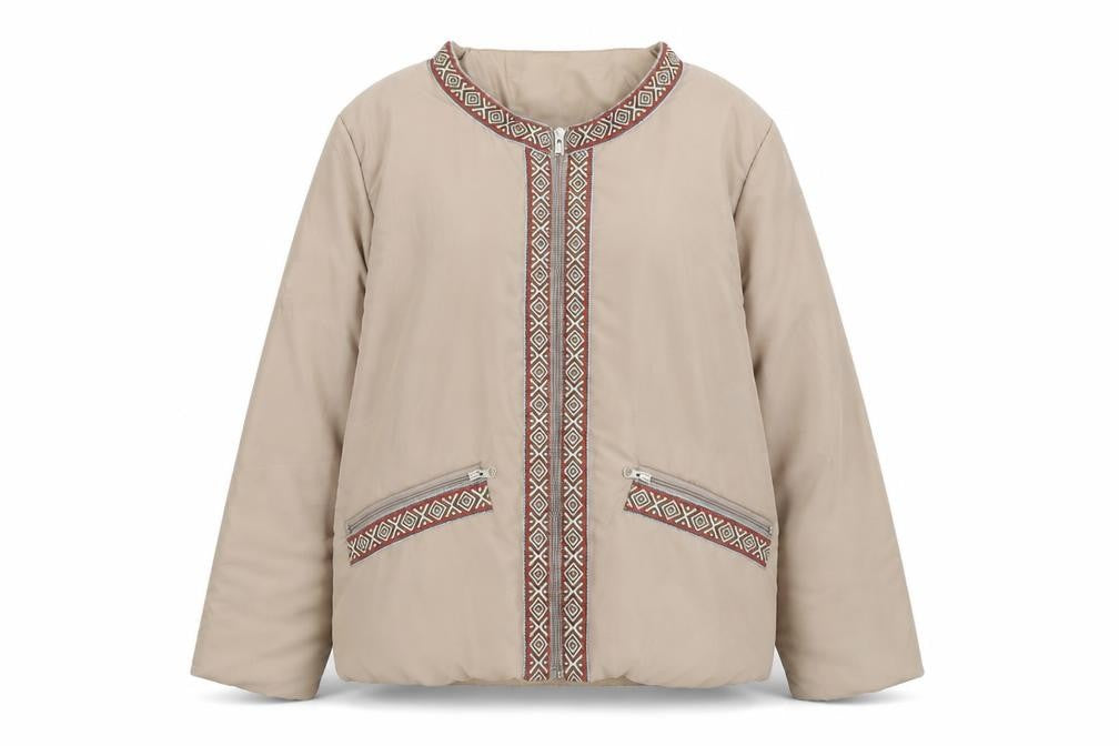 Front view of Gabriella Vicenga women’s beige geometric jacket, size UK 10, zip