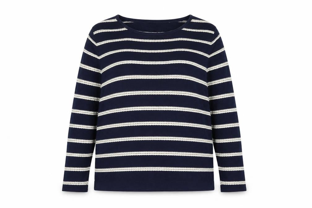 Bonmarché Womens Blue Round Neck Striped Cotton Pullover Jumper Size S