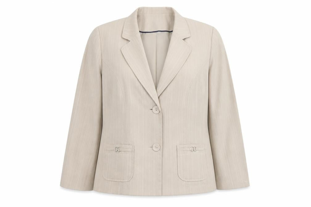Front view of Bonmarché women’s beige striped polyester jacket blazer, size UK 20