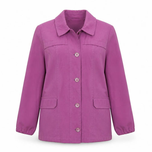 Front view of EWM women’s purple jacket, size UK 14, button
