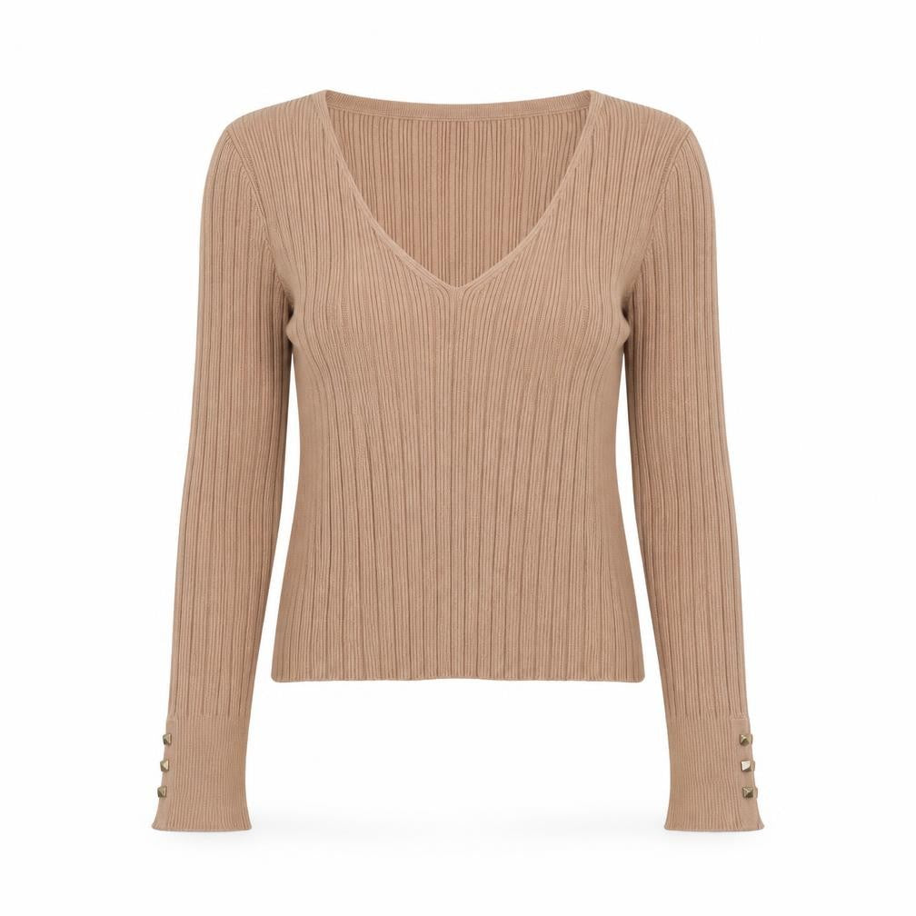 Front view of ASOS women’s beige v-neck viscose jumper, size UK 10