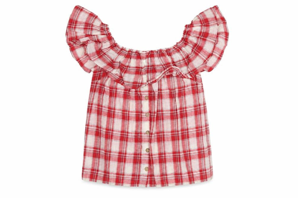 Next Womens Red Plaid Cotton Basic Blouse Size 10 Scoop Neck