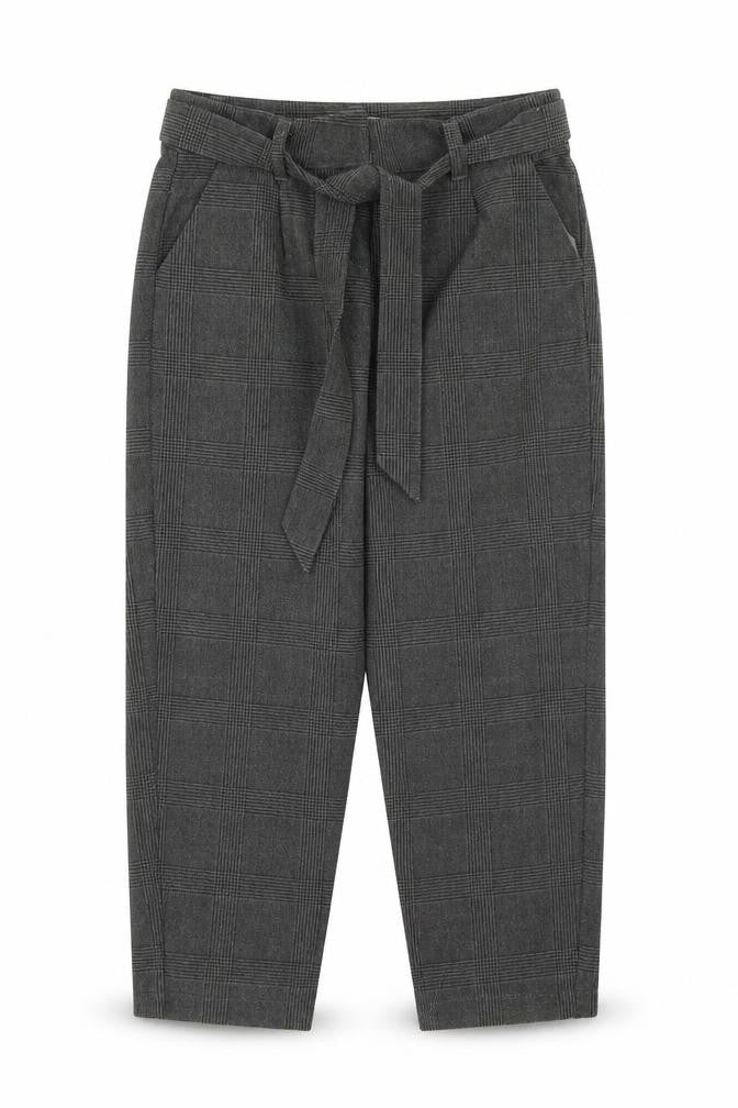 Front view of Vertbaudet girls’ grey plaid polyester carrot trousers, size 9, years regular hook & eye