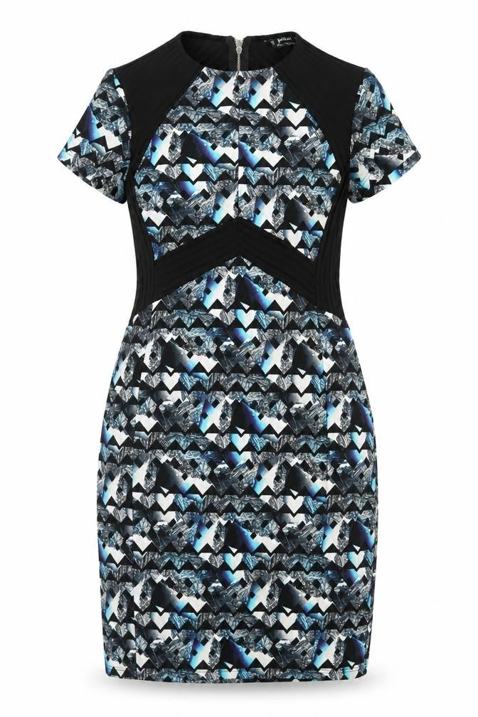 Front view of Miss Selfridge women’s blue geometric polyester a-line, size UK 12, round neck zip