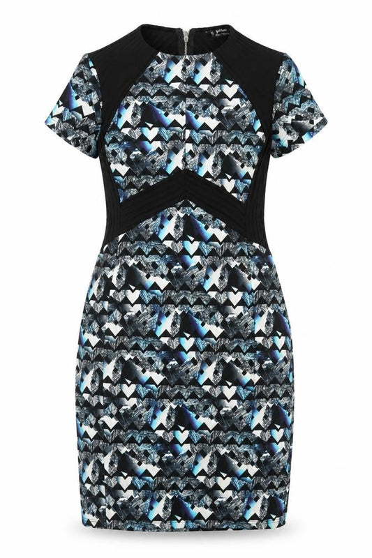 Front view of Miss Selfridge women’s blue geometric polyester a-line, size UK 12, round neck zip