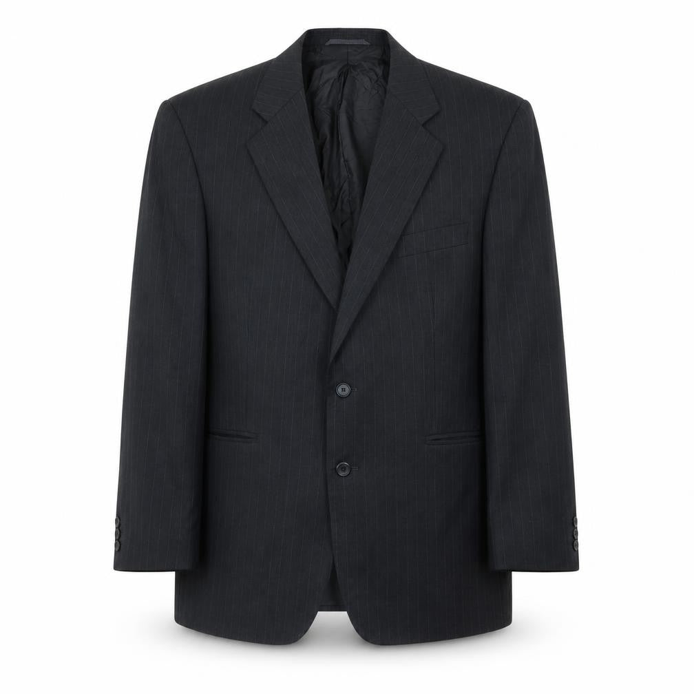Front view of Burton men’s grey striped polyester jacket suit jacket, size 46, regular