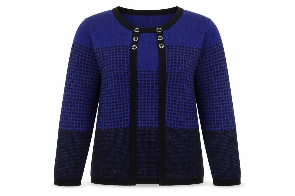 Front view of Mudflower women’s blue round neck geometric acrylic jumper, size S, -, size S/m