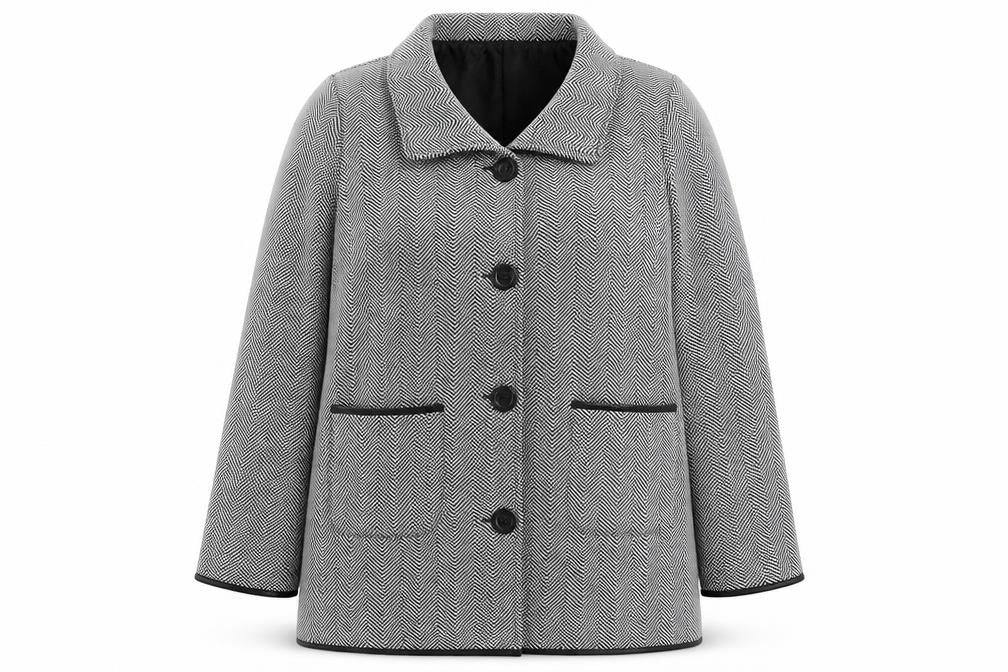 Front view of Anne De Lancay women’s black geometric jacket, size UK 14, button